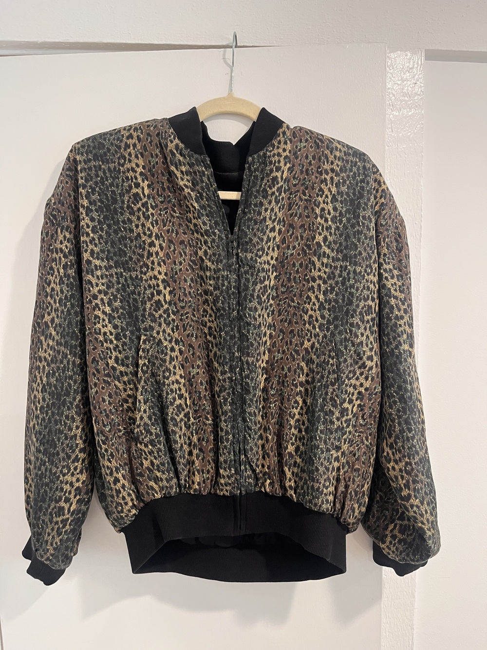 Vintage Leopard Print Silky Bomber Jacket Oversized Black Ribbed Trim